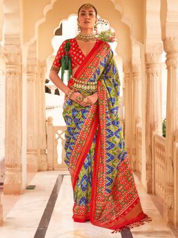 Akhilam - Women's Silk Blend Olive Printed Designer Saree with Unstitched Blouse