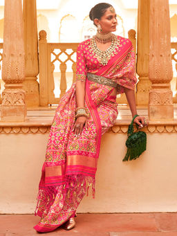 Akhilam - Women's Silk Blend Pink Printed Designer Saree with Unstitched Blouse