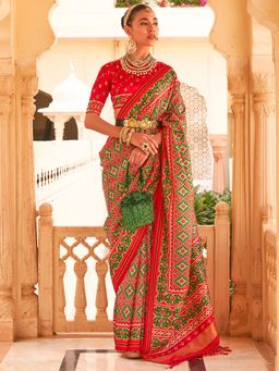 Akhilam - Women's Silk Blend Red Printed Designer Saree with Unstitched Blouse