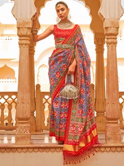 Akhilam - Women's Silk Blend Blue Printed Designer Saree with Unstitched Blouse