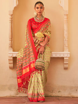 Akhilam - Women's Silk Blend Yellow Printed Designer Saree with Unstitched Blouse