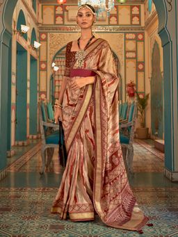 Akhilam - Women's Silk Blend Beige Woven Design Designer Saree with Unstitched Blouse