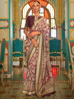 Akhilam - Women's Silk Blend Beige Woven Design Designer Saree with Unstitched Blouse