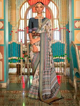 Akhilam - Women's Silk Blend Beige Woven Design Designer Saree with Unstitched Blouse