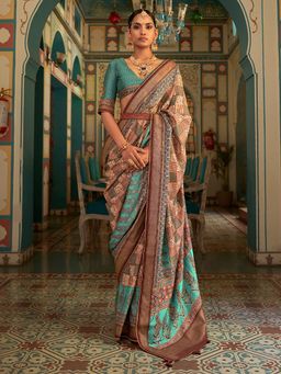 Akhilam - Women's Silk Blend Beige Woven Design Designer Saree with Unstitched Blouse