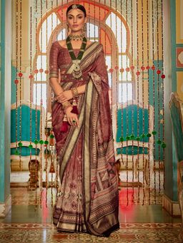 Akhilam - Women's Silk Blend Brown Woven Design Designer Saree with Unstitched Blouse