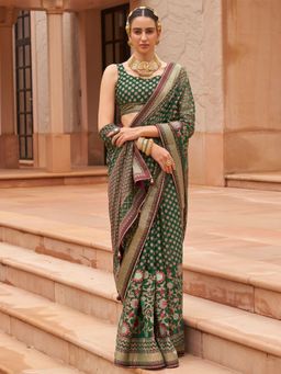 Akhilam - Women's Brasso Green Embellished Designer Saree with Unstitched Blouse