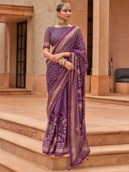 Akhilam - Women's Brasso Purple Embellished Designer Saree with Unstitched Blouse