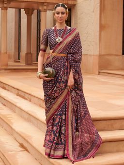 Akhilam - Women's Brasso Navy Blue Embellished Designer Saree with Unstitched Blouse