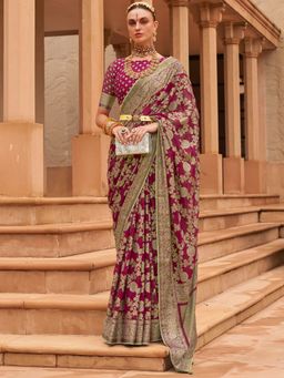 Akhilam - Women's Brasso Magenta Embellished Designer Saree with Unstitched Blouse