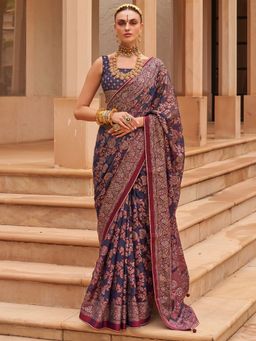 Akhilam - Women's Brasso Navy Blue Embellished Designer Saree with Unstitched Blouse