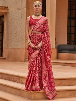 Akhilam - Women's Brasso Maroon Embellished Designer Saree with Unstitched Blouse