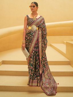 Akhilam - Women's Organza Dark Green Woven Design Designer Saree with Unstitched Blouse