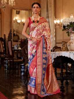 Akhilam - Women's Silk Blend Cream Embellished Designer Saree with Unstitched Blouse