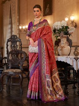 Akhilam - Women's Silk Blend Red Embellished Designer Saree with Unstitched Blouse