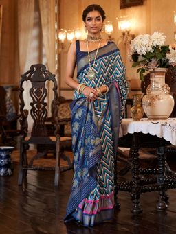 Akhilam - Women's Silk Blend Blue Embellished Designer Saree with Unstitched Blouse