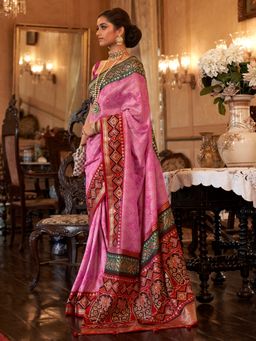 Akhilam - Women's Silk Blend Pink Embellished Designer Saree with Unstitched Blouse