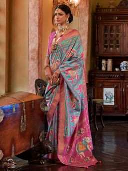 Akhilam - Women's Silk Blend Blue Woven Design Designer Saree with Unstitched Blouse