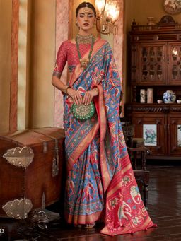 Akhilam - Women's Silk Blend Blue Woven Design Designer Saree with Unstitched Blouse