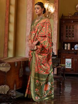 Akhilam - Women's Silk Blend Orange Woven Design Designer Saree with Unstitched Blouse