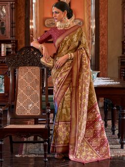Akhilam - Women's Silk Blend Olive Woven Design Designer Saree with Unstitched Blouse