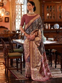 Akhilam - Women's Silk Blend Grey Woven Design Designer Saree with Unstitched Blouse