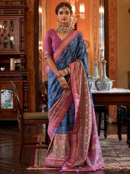 Akhilam - Women's Silk Blend Blue Woven Design Designer Saree with Unstitched Blouse