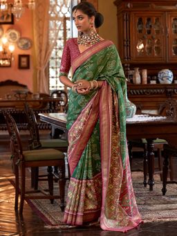 Akhilam - Women's Silk Blend Green Woven Design Designer Saree with Unstitched Blouse