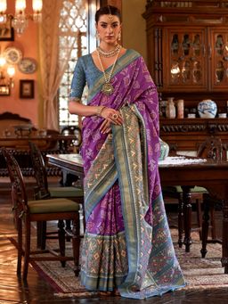 Akhilam - Women's Silk Blend Purple Woven Design Designer Saree with Unstitched Blouse
