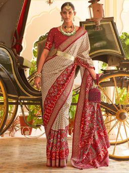 Akhilam - Women's Silk Blend Cream Embellished Designer Saree with Unstitched Blouse