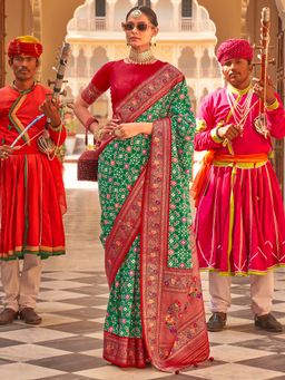 Akhilam - Women's Silk Blend Green Woven Design Designer Saree with Unstitched Blouse