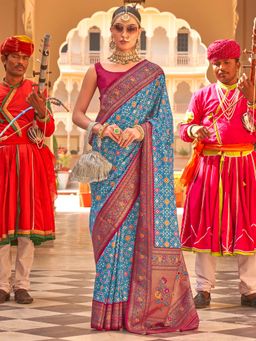 Akhilam - Women's Silk Blend Blue Woven Design Designer Saree with Unstitched Blouse