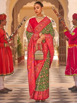 Akhilam - Women's Silk Blend Green Woven Design Designer Saree with Unstitched Blouse