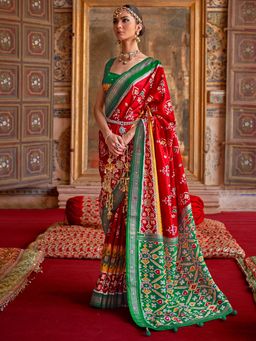 Akhilam - Women's Silk Blend Red Embellished Designer Saree with Unstitched Blouse