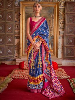 Akhilam - Women's Silk Blend Navy Blue Embellished Designer Saree with Unstitched Blouse