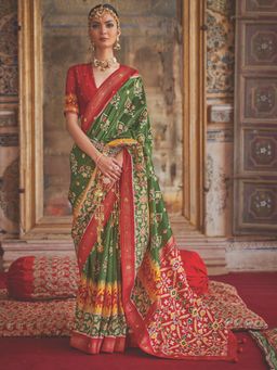 Akhilam - Women's Silk Blend Green Embellished Designer Saree with Unstitched Blouse