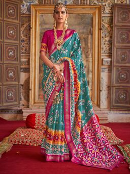 Akhilam - Women's Silk Blend Blue Embellished Designer Saree with Unstitched Blouse