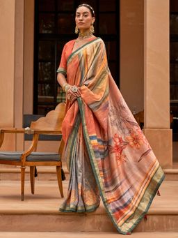 Akhilam - Women Silk Blend Multicolored Digital Print Designer Saree with Unstitched Blouse