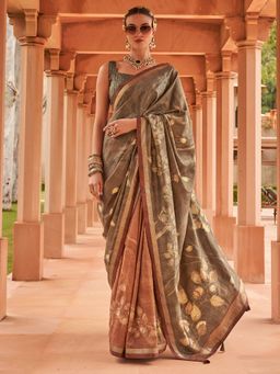 Akhilam - Women's Silk Blend Rust Digital Print Designer Saree with Unstitched Blouse