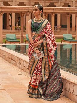 Akhilam - Women's Silk Blend Cream Woven Design Designer Saree with Unstitched Blouse