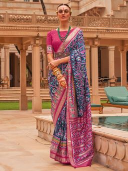Akhilam - Women's Silk Blend Navy Blue Woven Design Designer Saree with Unstitched Blouse