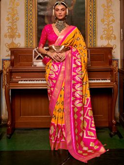 Akhilam - Women's Silk Blend Yellow Woven Design Designer Saree with Unstitched Blouse
