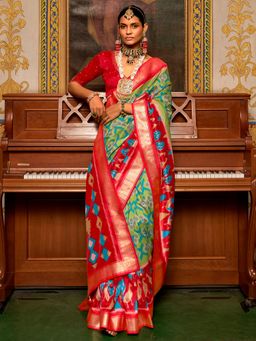 Akhilam - Women's Silk Blend Green Woven Design Designer Saree with Unstitched Blouse