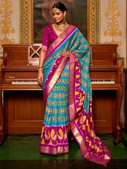 Akhilam - Women's Silk Blend Blue Woven Design Designer Saree with Unstitched Blouse