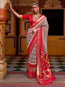 Akhilam - Women's Silk Blend Red Woven Design Designer Saree with Unstitched Blouse