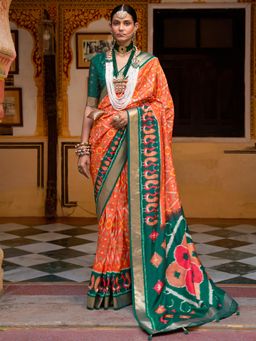 Akhilam - Women's Silk Blend Orange Woven Design Designer Saree with Unstitched Blouse