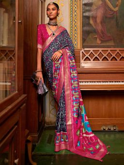 Akhilam - Women's Silk Blend Grey Woven Design Designer Saree with Unstitched Blouse