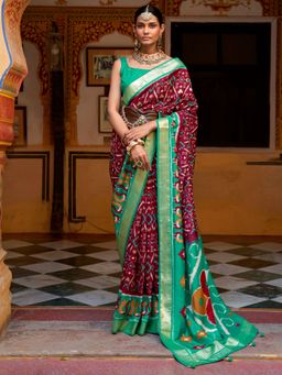 Akhilam - Women's Silk Blend Burgundy Woven Design Designer Saree with Unstitched Blouse