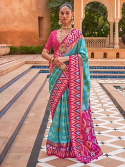 Akhilam - Women's Silk Blend Blue Woven Design Designer Saree with Unstitched Blouse