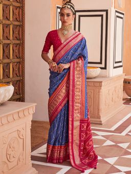 Akhilam - Women's Silk Blend Navy Blue Woven Design Designer Saree with Unstitched Blouse